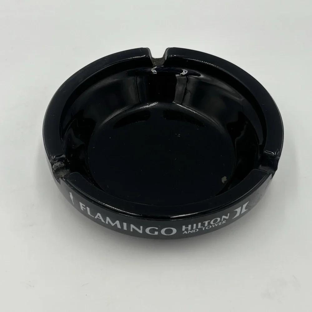 Flamingo Hilton and Tower Cigarette‎ Cigar Ashtray Las Vegas Casino Black Glass